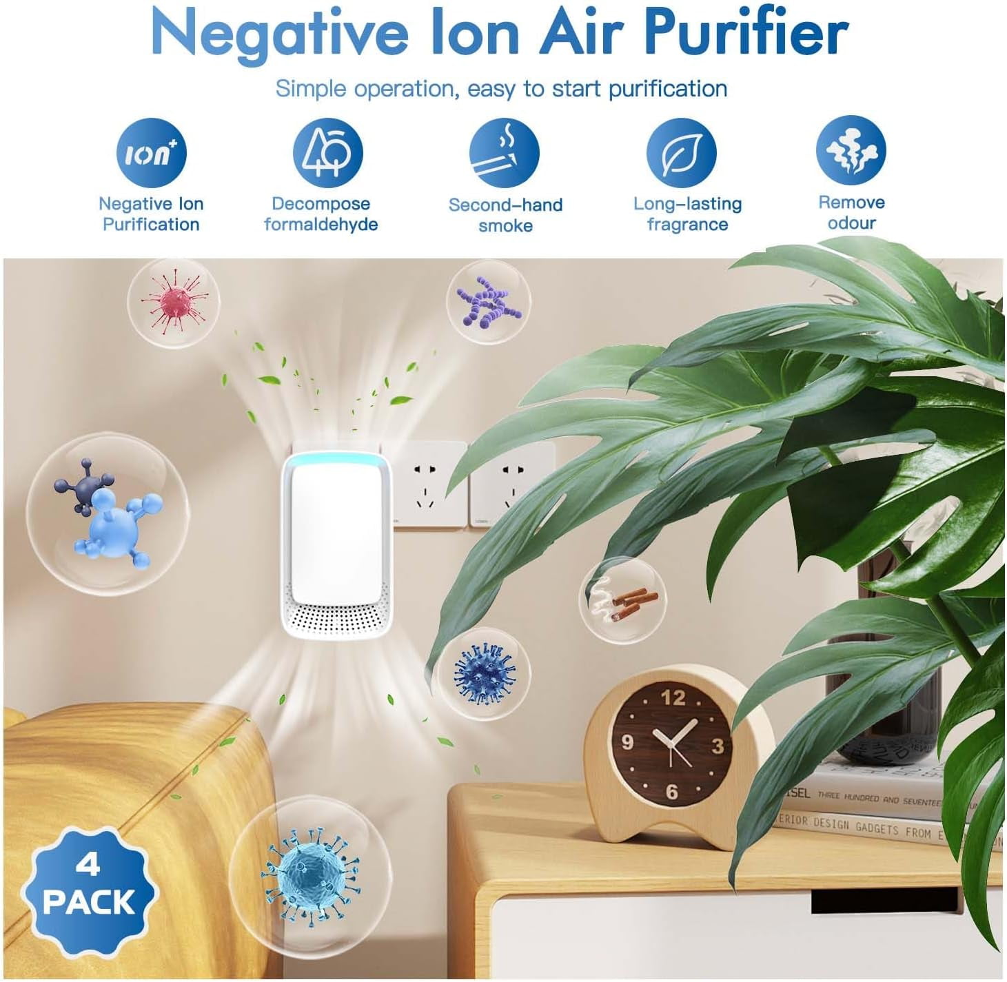 Plug In Negative Ion Air Purifier - Quiet Operation Air Freshener for Home Office Bedroom - Portable Air Cleaner for Odors Pet Smells - White (4 Pack)