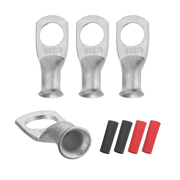 4 Pcs 3/8" Stud 6AWG Battery Lugs Ring Terminal with 4pcs Heat Shrink, Silver