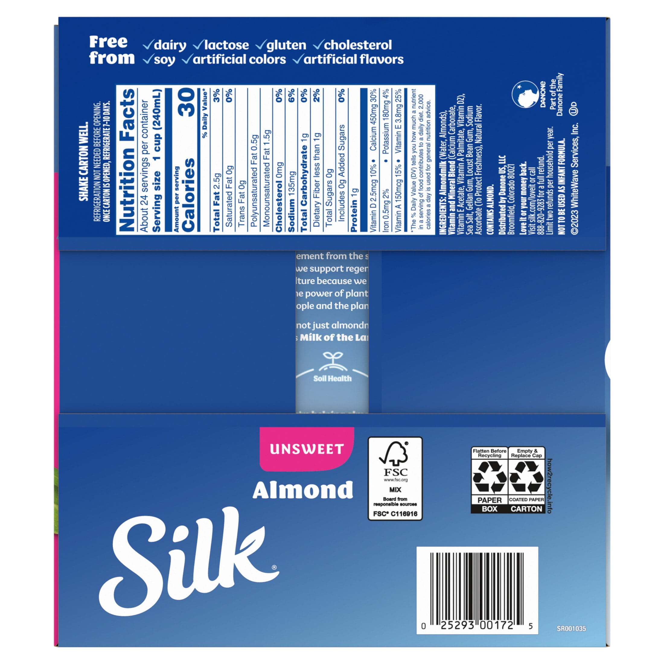 Silk Shelf Stable, Dairy Free, Lactose Free, Gluten Free, Unsweetened Almond Milk, 32 fl oz Quart, 6 Count
