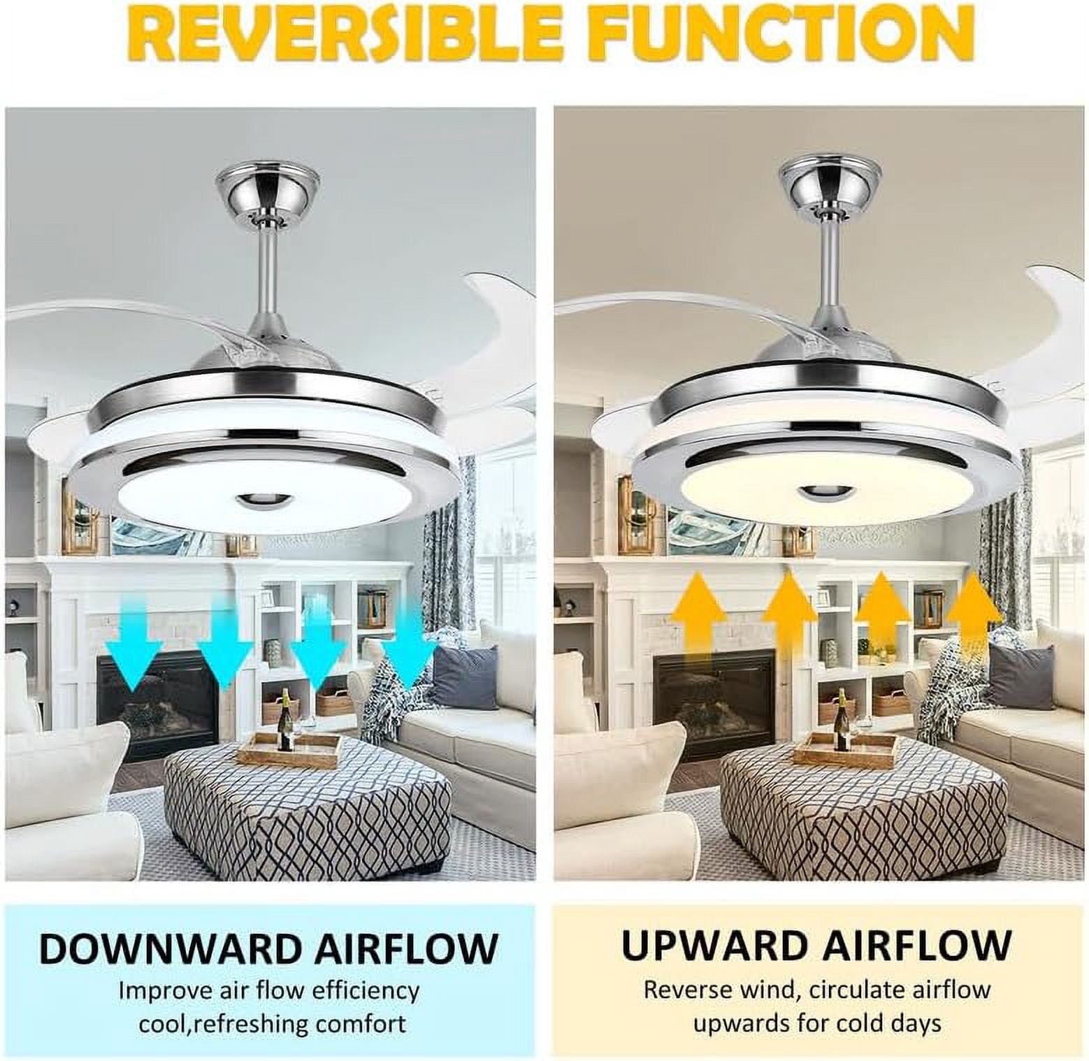 Datingday 42'' Reversible Bluetooth Ceiling Fan with Light and Speaker, LED Dimmable Fandelier Ceiling Fan Light with Remote Control Retractable Invisible Music Player Chandelier for Living Room