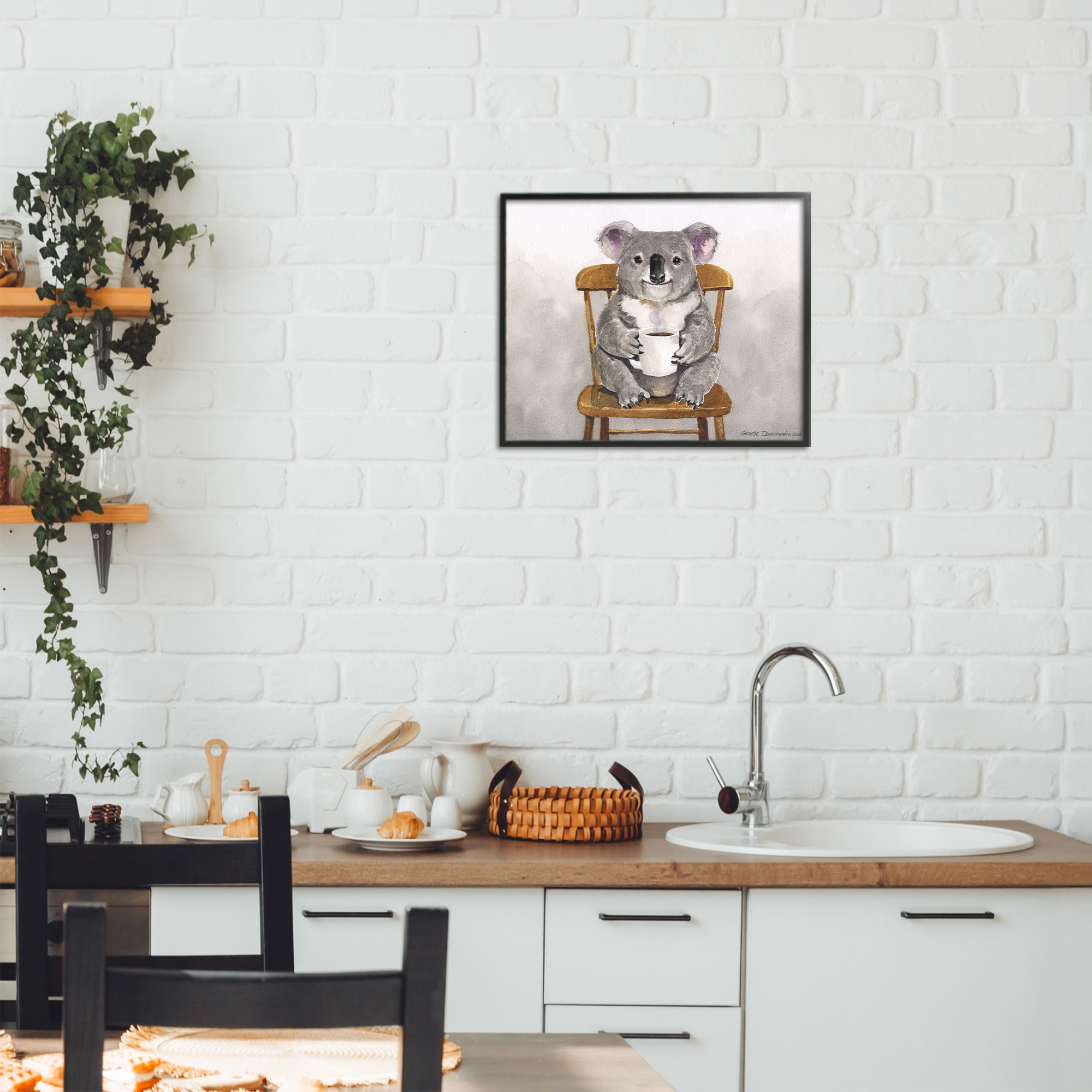 Stupell Industries Koala with Coffee Mug Black Framed Giclee Art, design by George Dyachenko