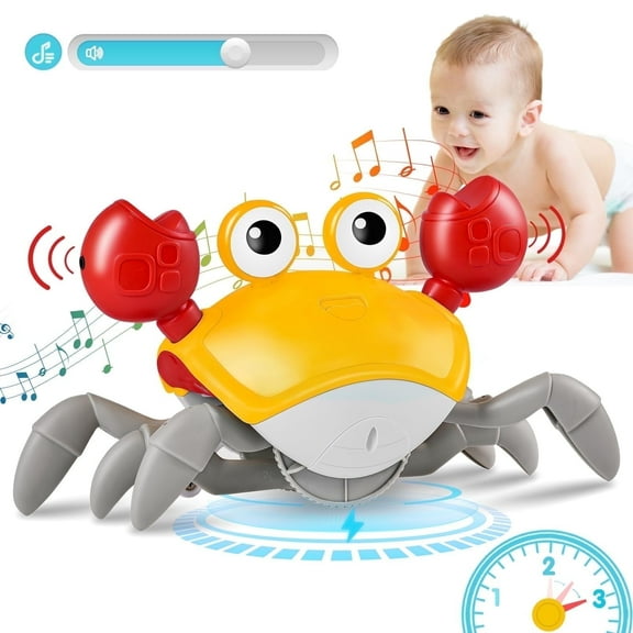 Crawling Crab Baby Toys with Music & Light,Tummy Time Interactive Toddler Toy Automatically Avoid Obstacles for Boys or Girls (Orange)