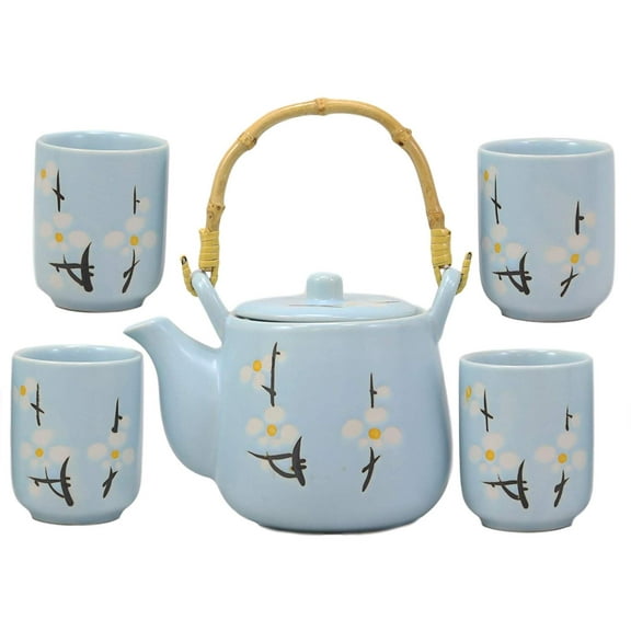 Japanese Sakura Pastel Blue Cherry Blossom Design Porcelain Tea Pot and 4 Cups