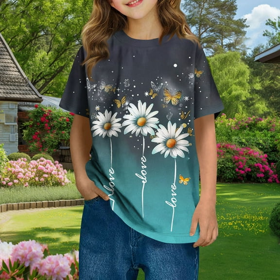 Spazoro Toddler Girls T-shirts, Crewneck Printed Casual Summer Short Sleeve Tops Tee Mint Green Size 7 T