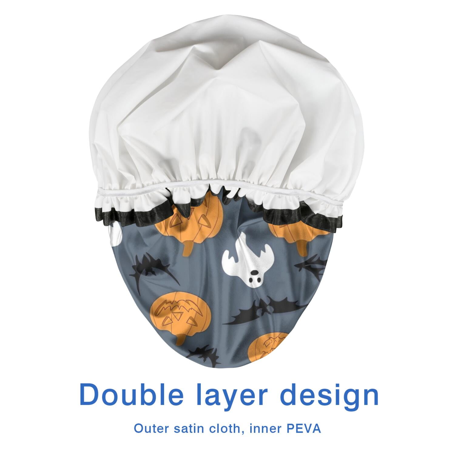 Shower Caps,Pumpkin Ghost Bat Halloween Pattern Waterproof Shower Cap for Women 4 Pieces,Double Reusable Hair Cover for Shower PEVA Elastic Stretch Hem