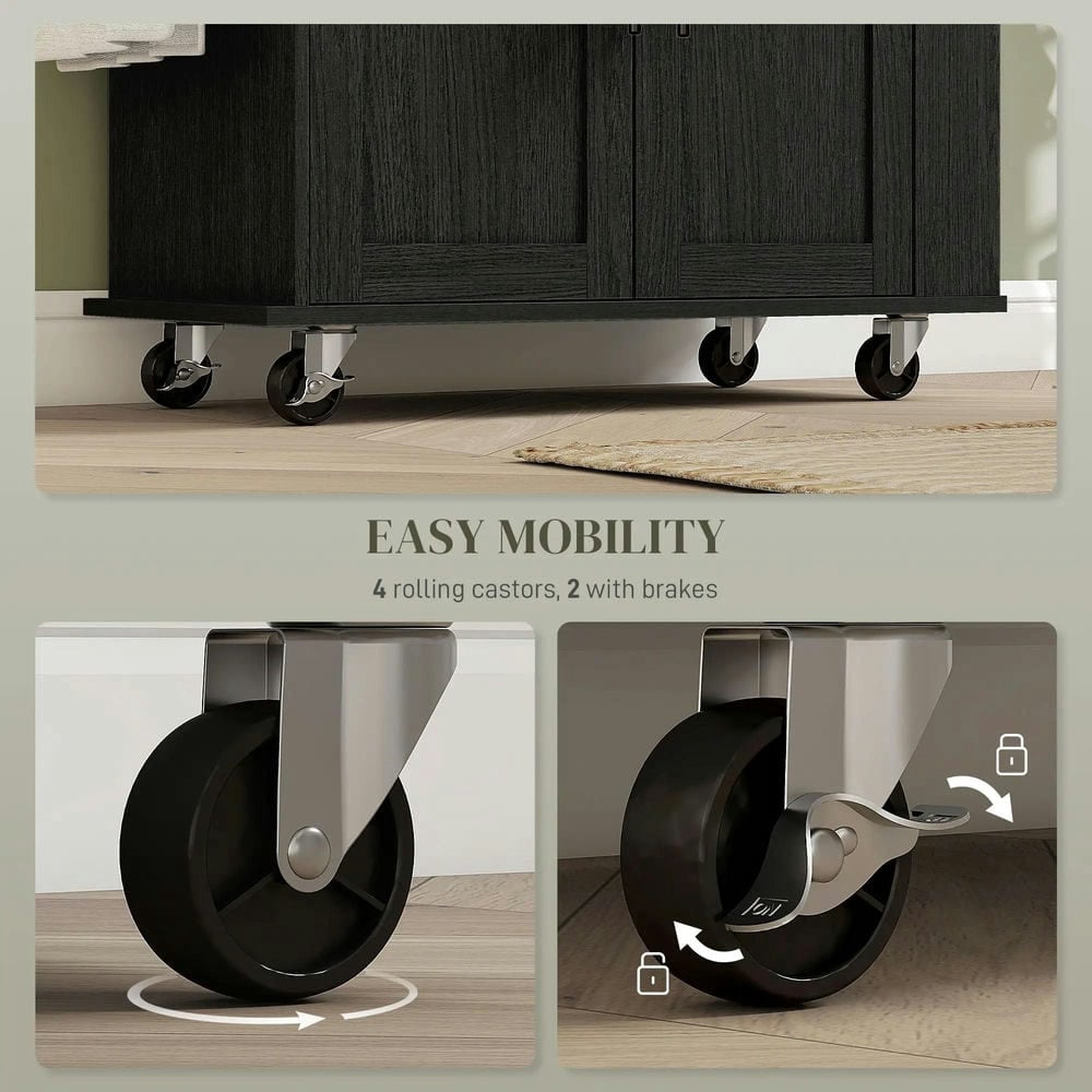 Resenkos Kitchen Cart, Kitchen Island Cart,Kitchen Island on Rollers with Power Outlets, Drawer, and Doors, Black