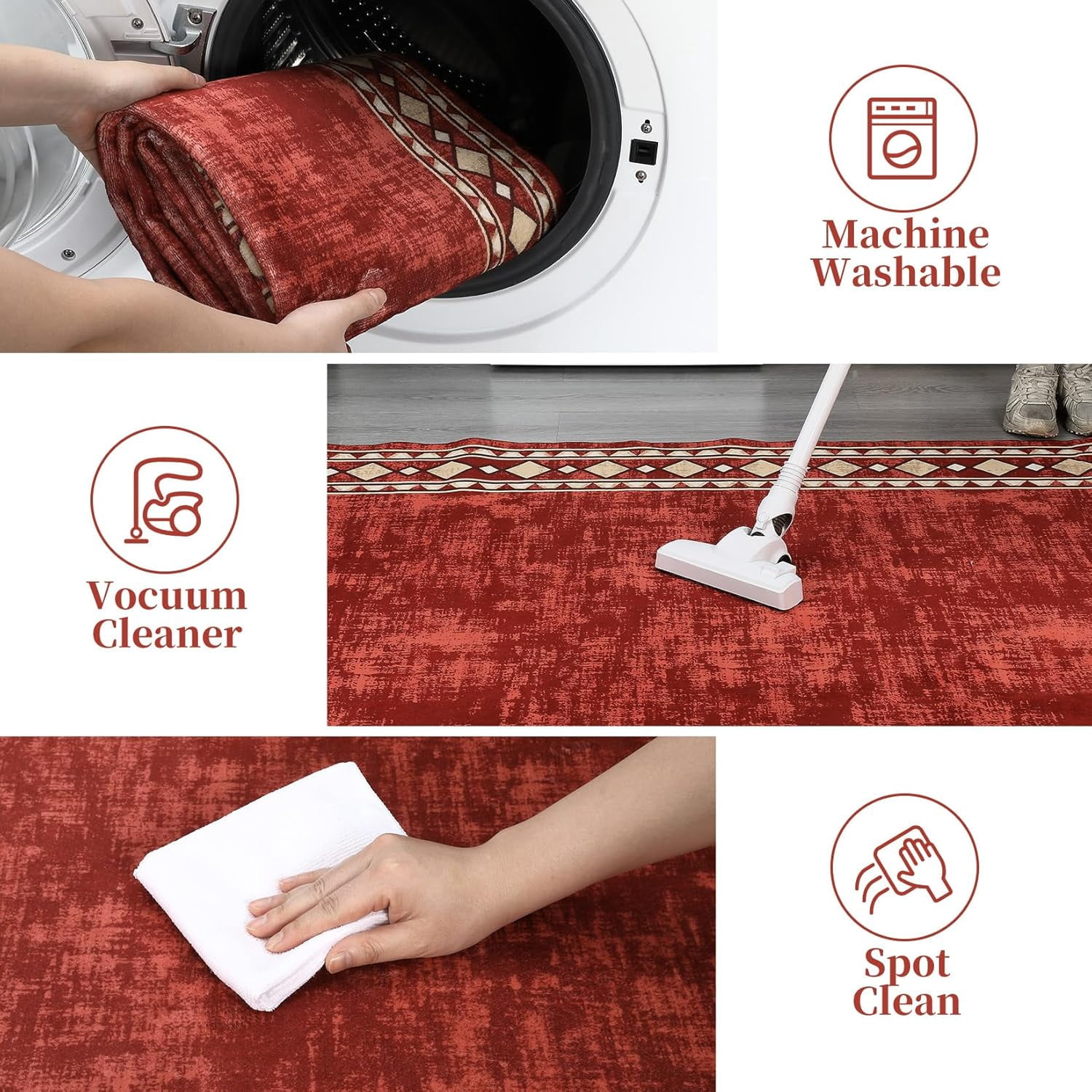 Washable 9x12 Area Rug for Living Room Vintage Rugs for Bedroom Red Rug Bordered Soft Large Area Rug Non Slip Throw Rugs Low Pile Stain Resistant Carpet for Nursery Dining Room 9'x12' Red