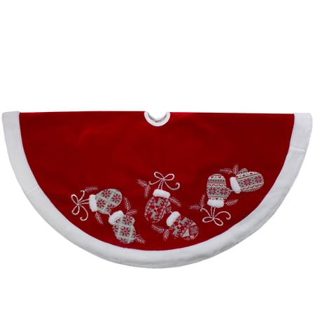 Northlight 48-Inch Red and White Embroidered Winter Mittens Christmas Tree Skirt