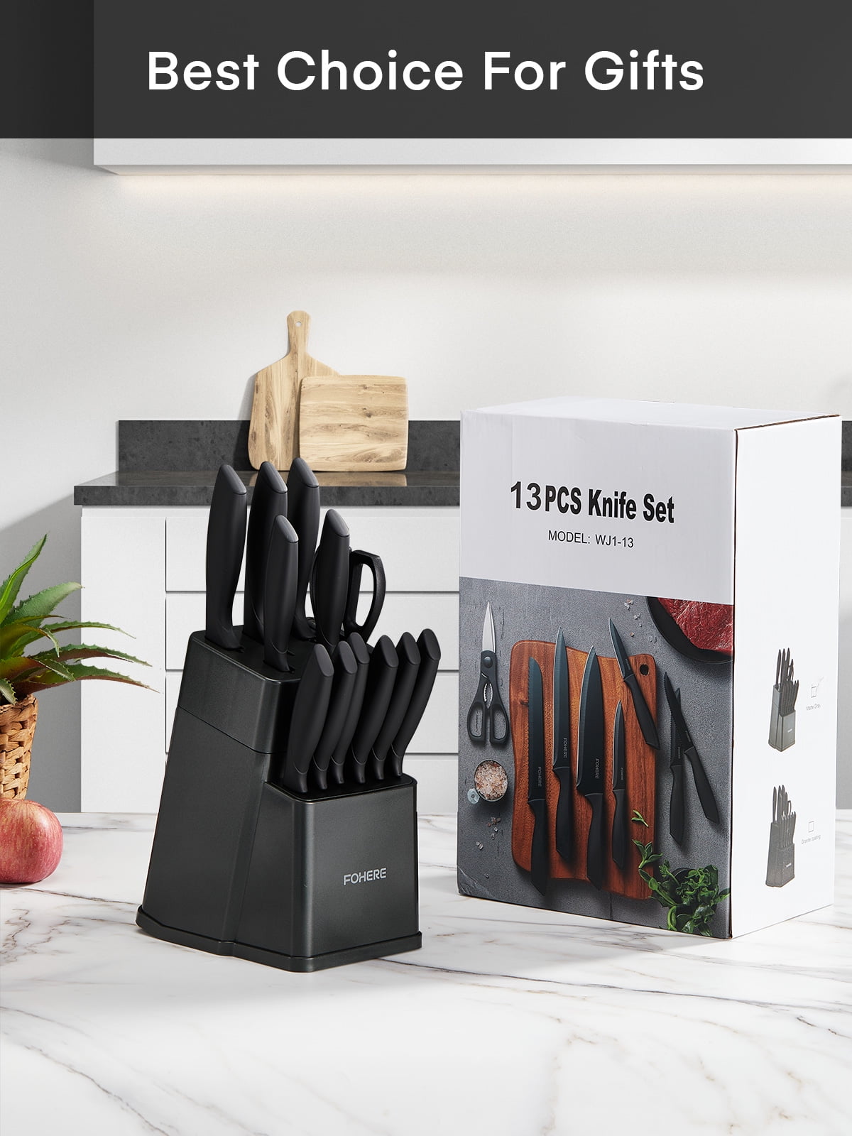 FOHERE Knife Set, 13 Pieces Self Sharpening Stainless Steel Kitchen Knife Set, Matte Gray
