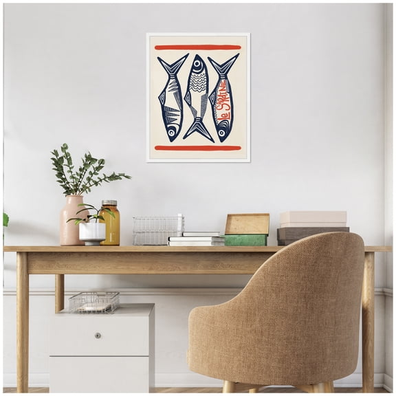 Kate and Laurel Framed Canvas Wall Art Print Le Sardine by Alicia Bock, 16 x 20 Sylvie White Frame, Vintage, Cuisine Art for Wall Decor