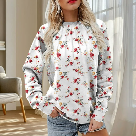 Womens Sweatshirts Plus Size Floral Print Long Sleeve Round Neck Casual Loose Sweatshirt,Tops for Women