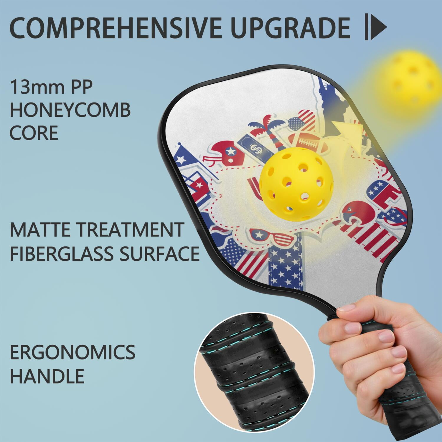 Pickleball Paddles Set Of 2, Fiberglass Surface, USA, Independence Day Print, 4 Balls & Bag