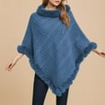 thumbnail image 2 of ZQUUVOU Women's Fall Winter Knit Cape Poncho Solid Color Pullover Faux Fur Trim Cable Knit Chunky Turtleneck Cardigan Blue, 2 of 4