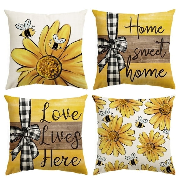 Sm:)e Love Lives Here Bees Sweet Home Daisy Summer Throw Pillow Covers Set of 4, 18x18 Inch, Yellow