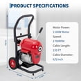thumbnail image 2 of 1.2" x 120 FT Electric Drain Cleaner Machine – 1100W, 1700 RPM Pipe Auger & Sewer Snake – Commercial & Residential Main Line Clog Remover – 6 Cutters & Gloves – Red, 2 of 7