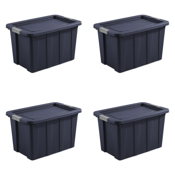 Sterilite 30 Gallon Latching Tuff1 Tote, Rugged Plastic Bin with Lid, Dark Blue, 4 Count