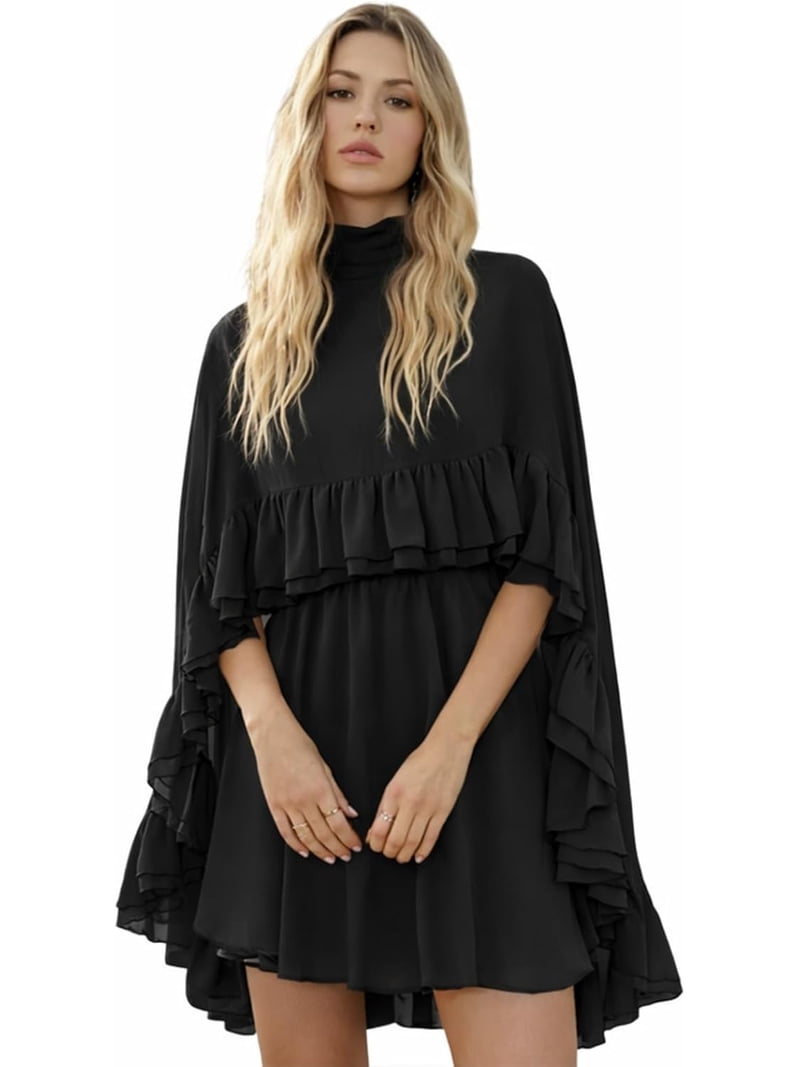 semi sheer chiffon ruffle dress with outer cape Semi-Sheer Chiffon Ruffle Cape And Mini Dress Suit Likemychoice