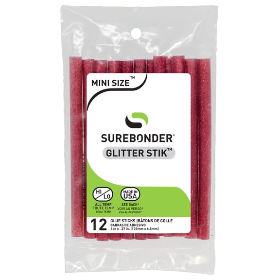 Red Glitter Hot Glue Sticks Mini Size - 4" - 12 Pack
