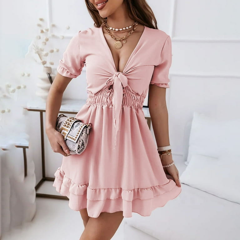 Fesfesfes Spring Dress for Women V Neck Lace Up Gather Breast Short Sleeve  Dress Ruffle Edge Patchwork Mini Dress Elegant Solid Color Party Graduation 