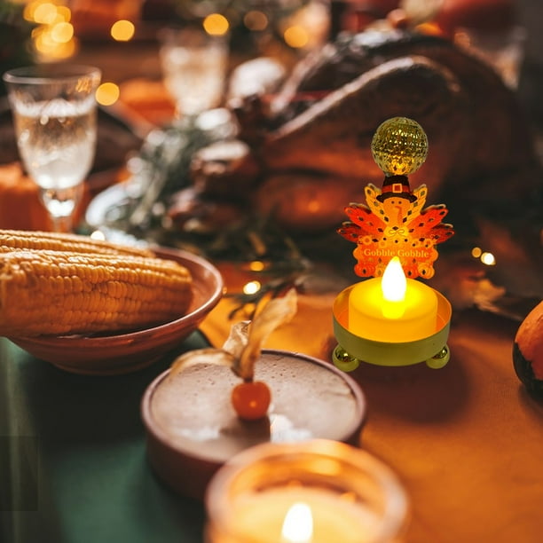 Candelabro LED de pavo de Acción de Gracias | Vela LED parpadeante sin llama a pilas | Decoración de mesa con diseño de arce pintado en hierro para fiestas y el hogar