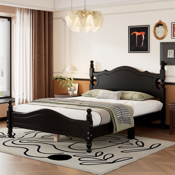 Noble House Full Wood Platform Bed Frame with Headboard, Wooden Slat Support, Black