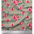 thumbnail image 1 of Soimoi Tissu Popeline de Coton Vert Imprimé Feuilles & Roses au Mètre 56 Pouces de Large, 1 of 5