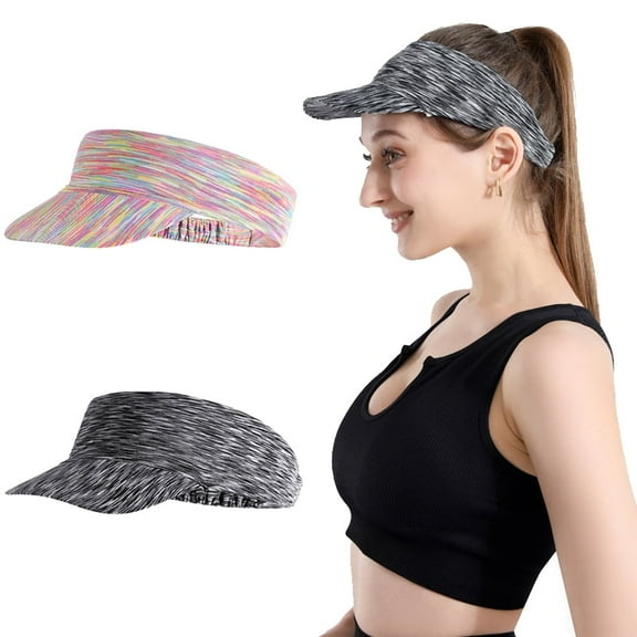 2 Pack Sport Hat Sun Visor Hat Empty Top Colorful Stripes Hat with Sweatband Adjustable Stretchy Band Extended Brim Tennis Sport Hat