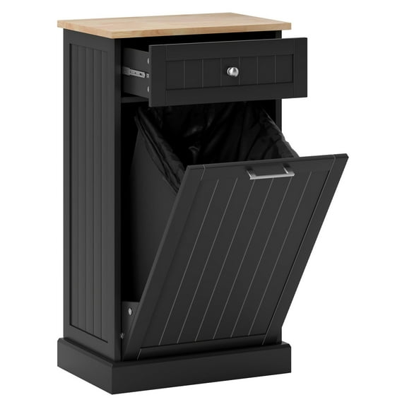 Kitchen Trash Bin Cabinet - Free Standing Trash Can Storage with Drawer, Black Wood Finish - Modern Home Organizer for Kitchen, Laundry, Garage