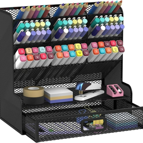 INTIGE 10 Compartment Metal Mesh Desk Organizer with Pen Holder, Drawer, Black, 1 Pack