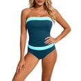 thumbnail image 2 of POUNOO Womens Tankini Swimsuits Slim Fit Strapless Color Block Stripe Ruched Detail High Waist Bathing Suits Beach Vacation Style Swimwear Gift, 2 of 5