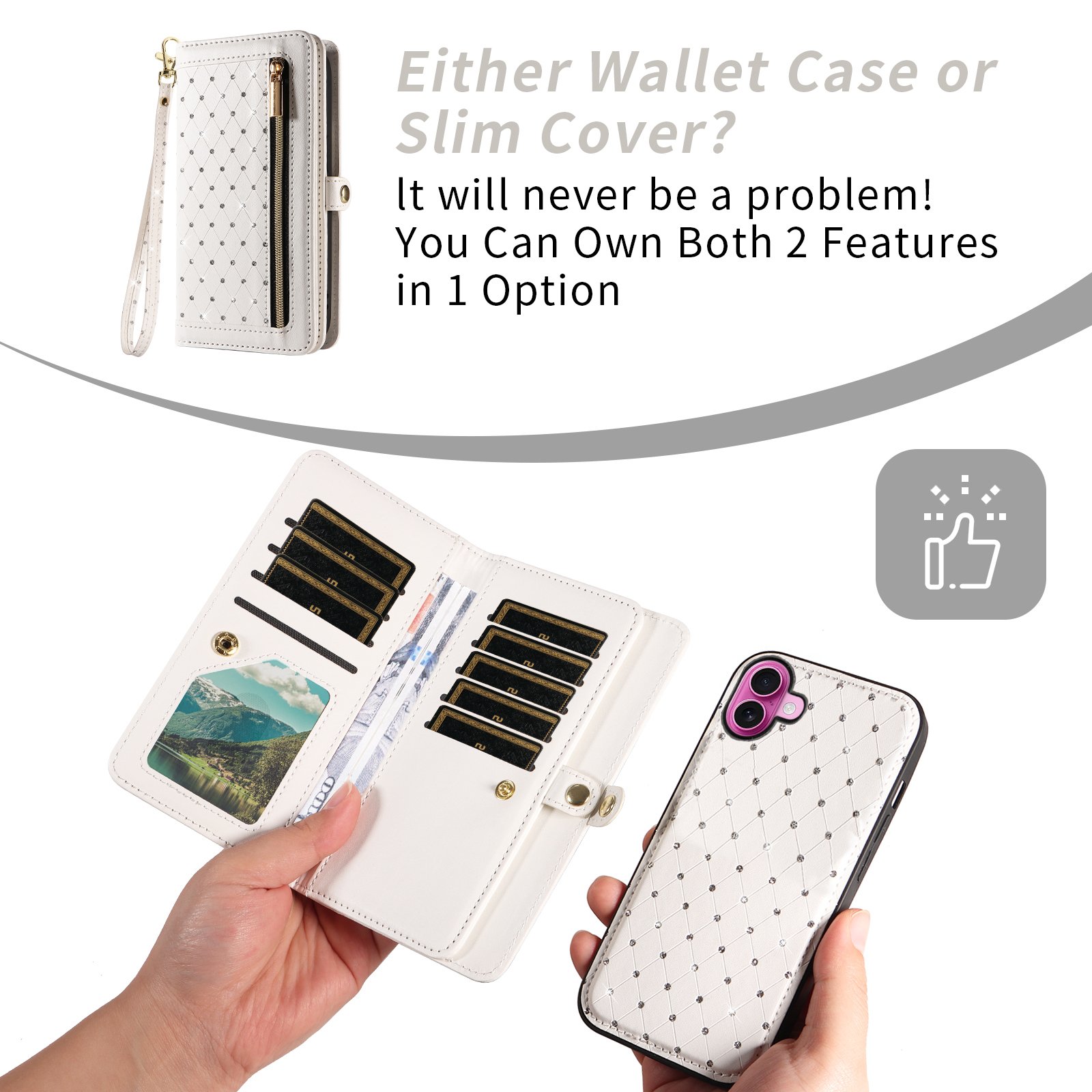 Asuwish Phone Case for iPhone 16 Plus 6.7 inch Zipper Wallet Detachable Cell Cover with Tempered Glass Screen Protector Crossbody Lanyard Strap Bling Glitter Flip Card Holder Slot i Phone16Plus White