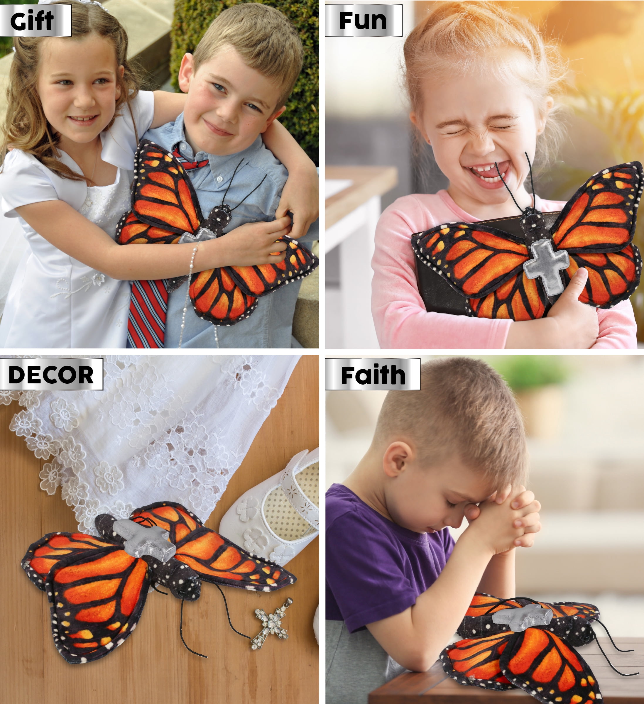 DolliBu Wild Collection Orange Butterfly Stuffed Animal with Silver Cross Plush - Baptism Gifts for Boys and Girls, Dedication Christening Gifts Plush Prayer Toy Healing Stuffed Animal - 12 Inches