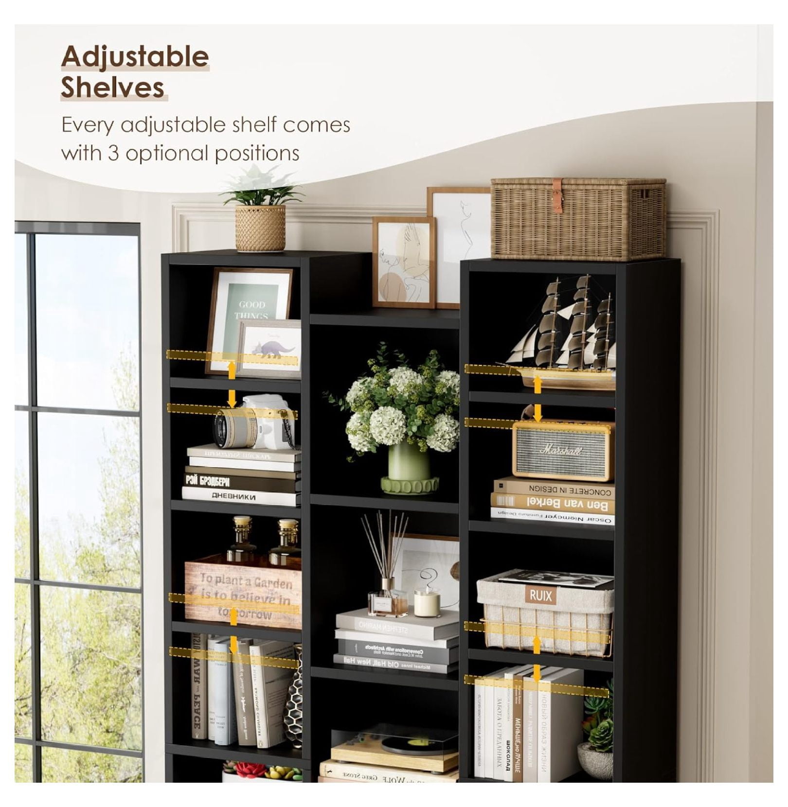 71’’ Tall Bookshelf, Triple Wide Black Bookshelf with Adjustable Shelves, 8 Tier Media Storage Tower Rack, Diaplay Cabinet Shelf, Cube Storage Organizer Shelf for Home Office, Black