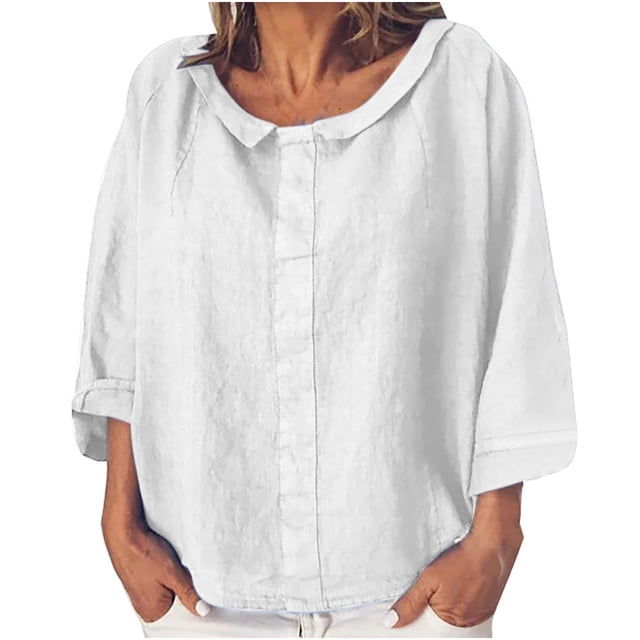 ICHUANYI Clearance Women's Fashion Solid Color Tops Long Sleeved Loose Cotton And Linen Loose Shirt Blouse Round Neck Casual Tops(White, M) ICHUANYI WER2023081113907