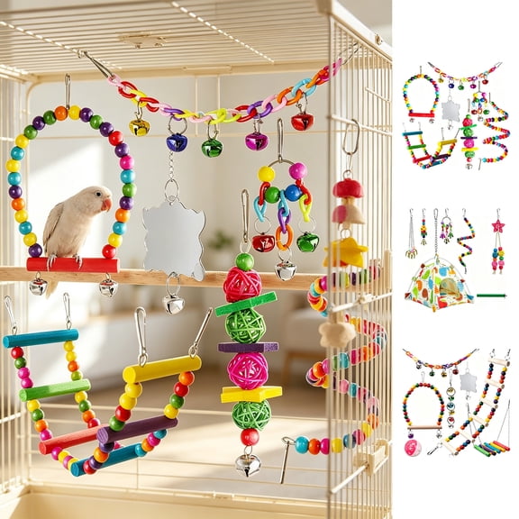 Parakeet Toys Set, Colorful Bird Toys for Parakeets, Pet Bird Cage Hammock Swing Climbing Ladders Chewing Toy Mirror Hanging Bell Wooden Perch for Budgerigar, Conures, Love Birds (B)