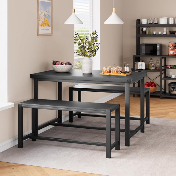 3-Piece Rustic Black Dining Table Set for 4, Rectangular Wooden Kitchen Table with 2 Benches, Space-Saving Dinette Furniture for Apartment, Small Space and Home