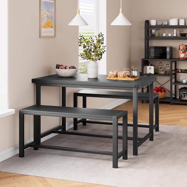 3-Piece Rustic Black Dining Table Set for 4, Rectangular Wooden Kitchen Table with 2 Benches, Space-Saving Dinette Furniture for Apartment, Small Space and Home