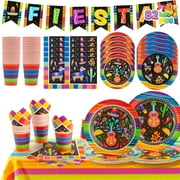 Joyfy 82Pcs Mexican Fiesta Party Supplies Tableware Set,Cinco De Mayo Themed Tableware with Paper Plates Napkins Cups Tablecloth Banner for Mexican Fiesta Party Decorations