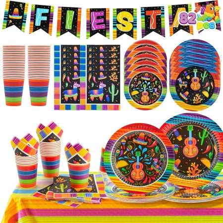 Joyfy 82Pcs Mexican Fiesta Party Supplies Tableware Set,Cinco De Mayo Themed Tableware with Paper Plates Napkins Cups Tablecloth Banner for Mexican Fiesta Party Decorations
