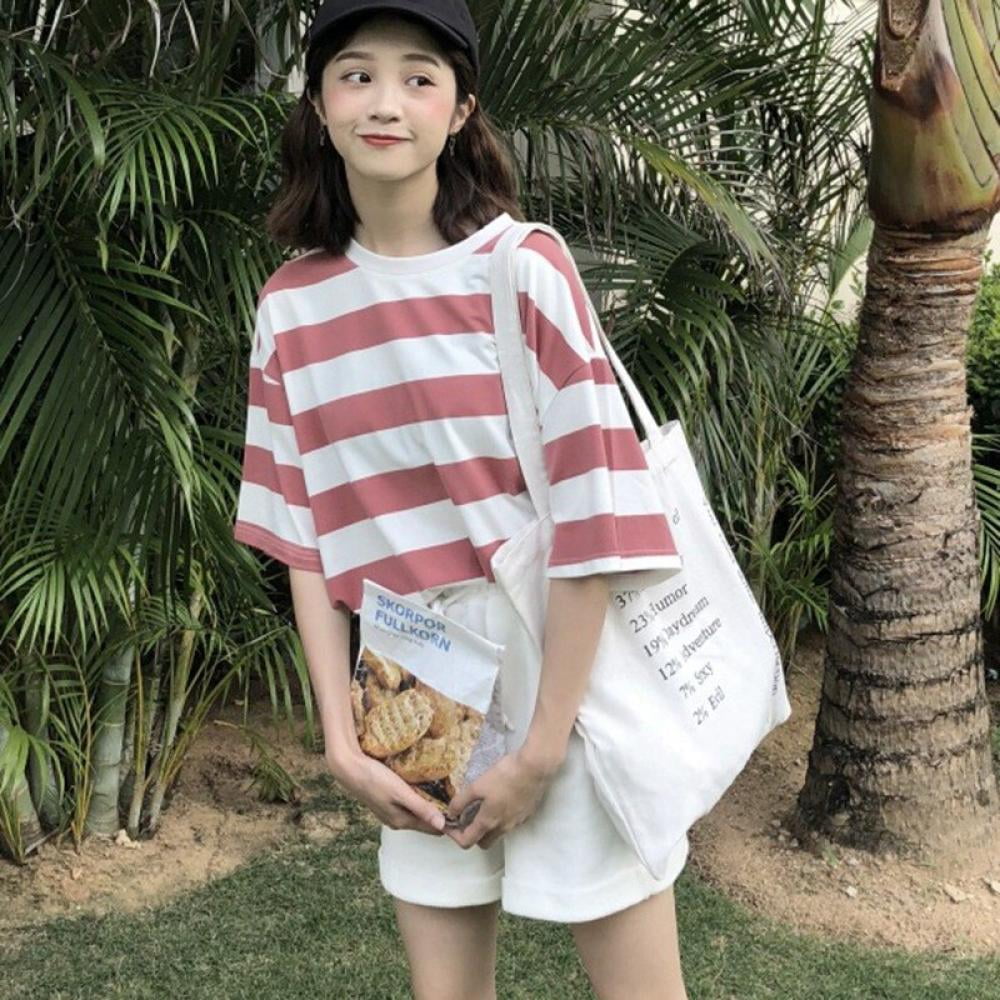 Oversize Korean Style T-shirt Women Short Sleeve Striped