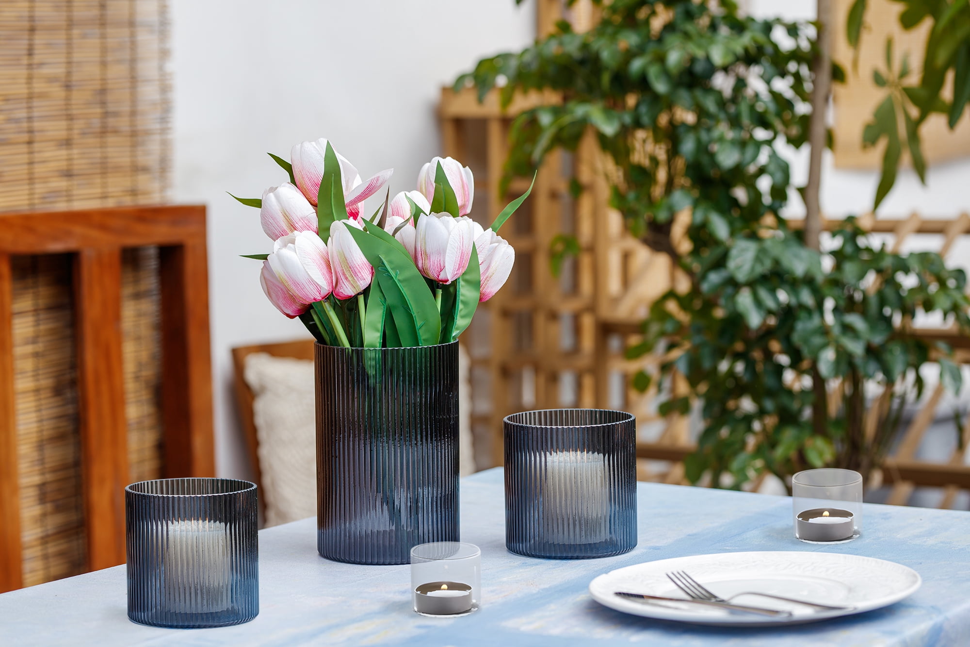 (4 pack) Better Homes & Gardens Smoke Glass Ribbed Hurricane Candleholder, 8", Large