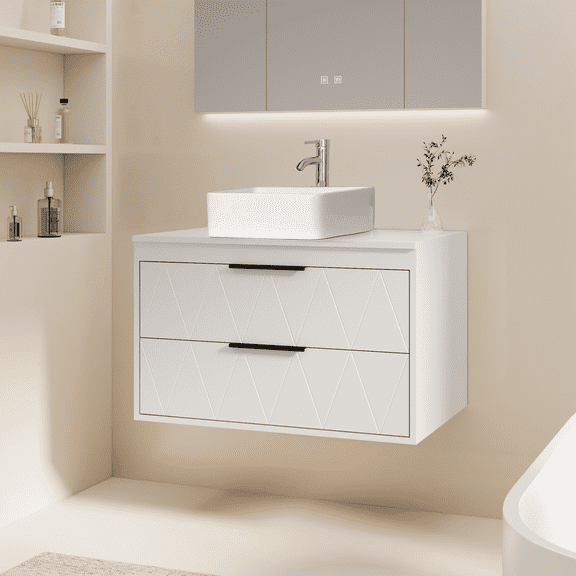 Eclife 30" Wall-Mounted Bathroom Vanity with Soft-Close Drawers, Oil-Rubbed Bronze Faucet, Modern Storage Cabinet