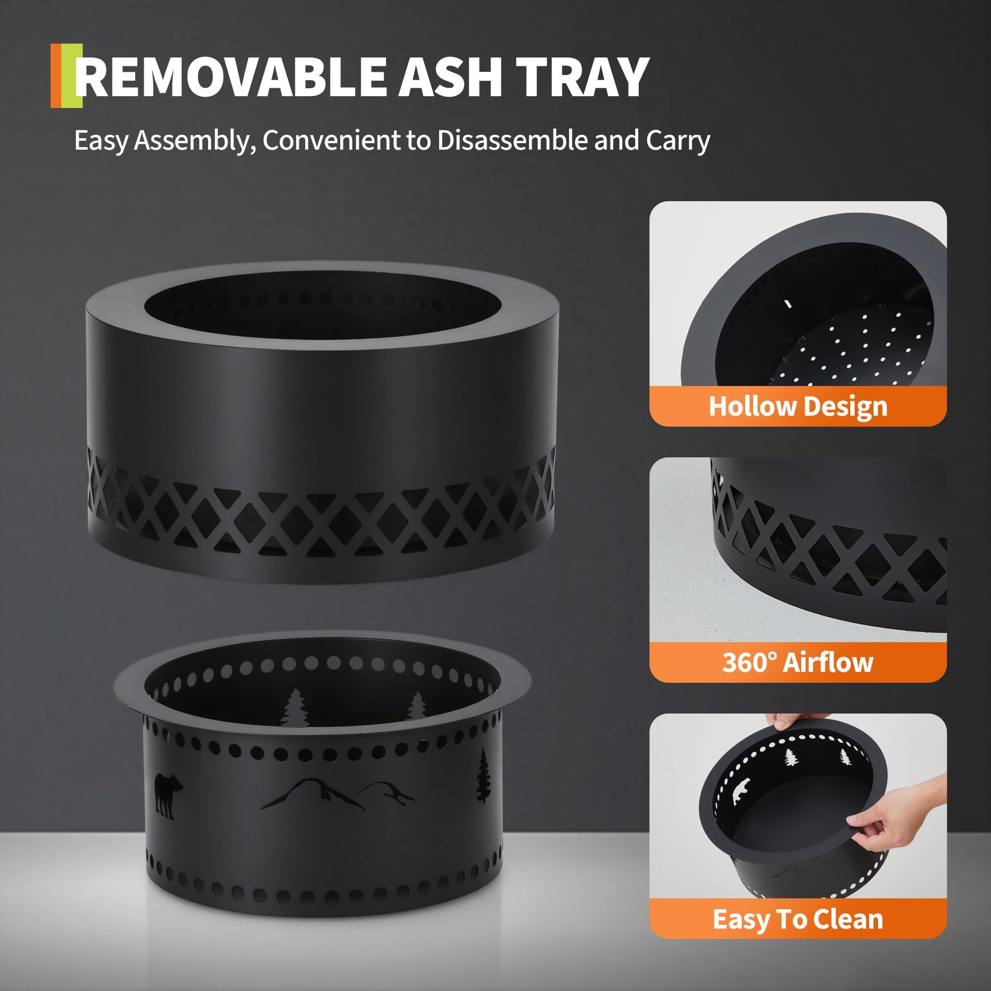 19 Inch Smokeless Fire Pit, Fire Pits for Outside Wood Burning, Portable Bonfire Outdoor Firepit with Removable Ash Pan & Dust Bag, Camping Backyard