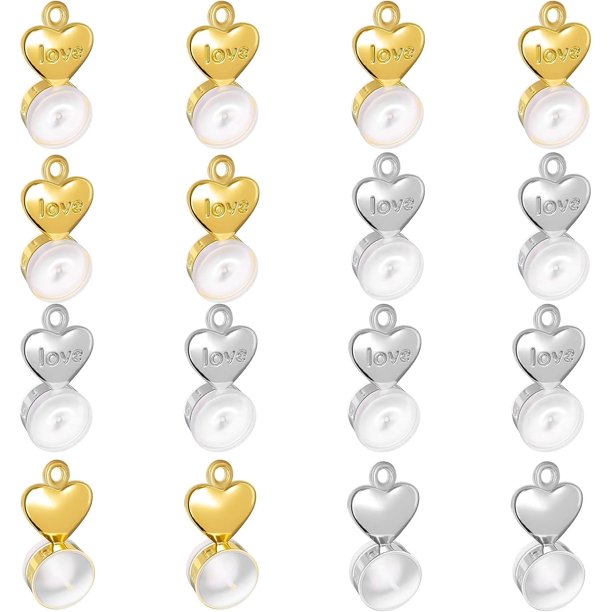 16 tuercas de silicona de 2 colores con accesorios de latón, diseño de corazón con palabra "amor", para pendientes, en platino y dorado.