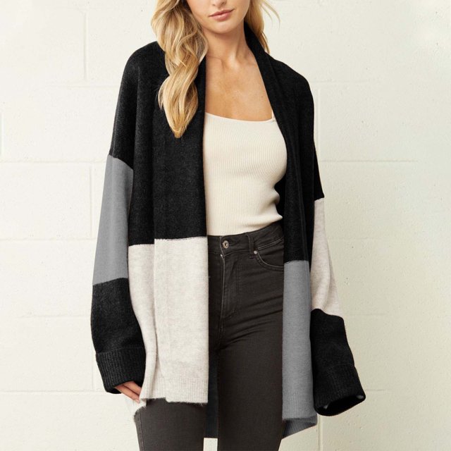 Pntutb Ladies Colorblock Suéter Tejido Manga Larga Solapa Sin Capucha Casual Chaqueta Rebeca Liquidación Pntutb Pntutb-4840