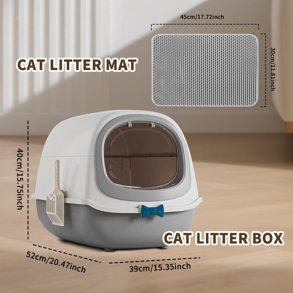 Fully Enclosed Cat Litter Box + Mat, Large Odor-Control Kitty Toilet with Flip Lid, Scoop & Anti-Tracking Pedal, Removable Design, Gray