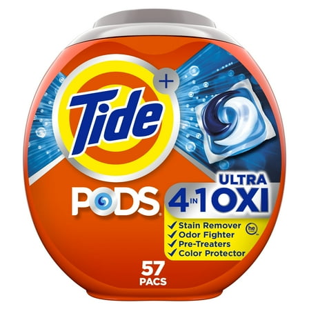 Tide PODS Liquid Laundry Detergent Soap Pacs, 4-n-1 Ultra Oxi, HE Compatible, Built in Pre-treater for Stains, 57 Count