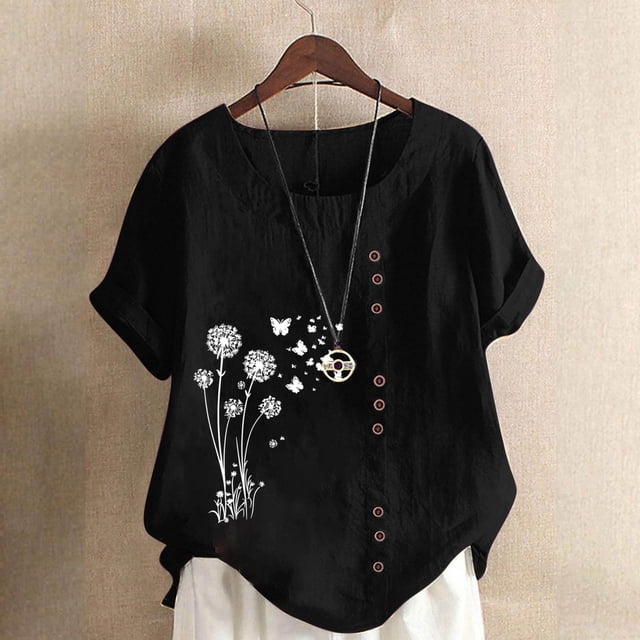 TaTaai Women's Everyday Casual Blouse, Linen Feel Round Neck T-Shirt, Short Sleeve Comfortable Top for All Occasions Gift