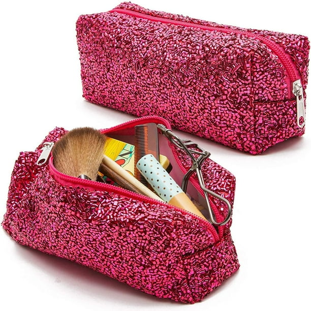 2Pack Fabric Glitter Travel Makeup Bag for Women, Toiletry Cosmetic