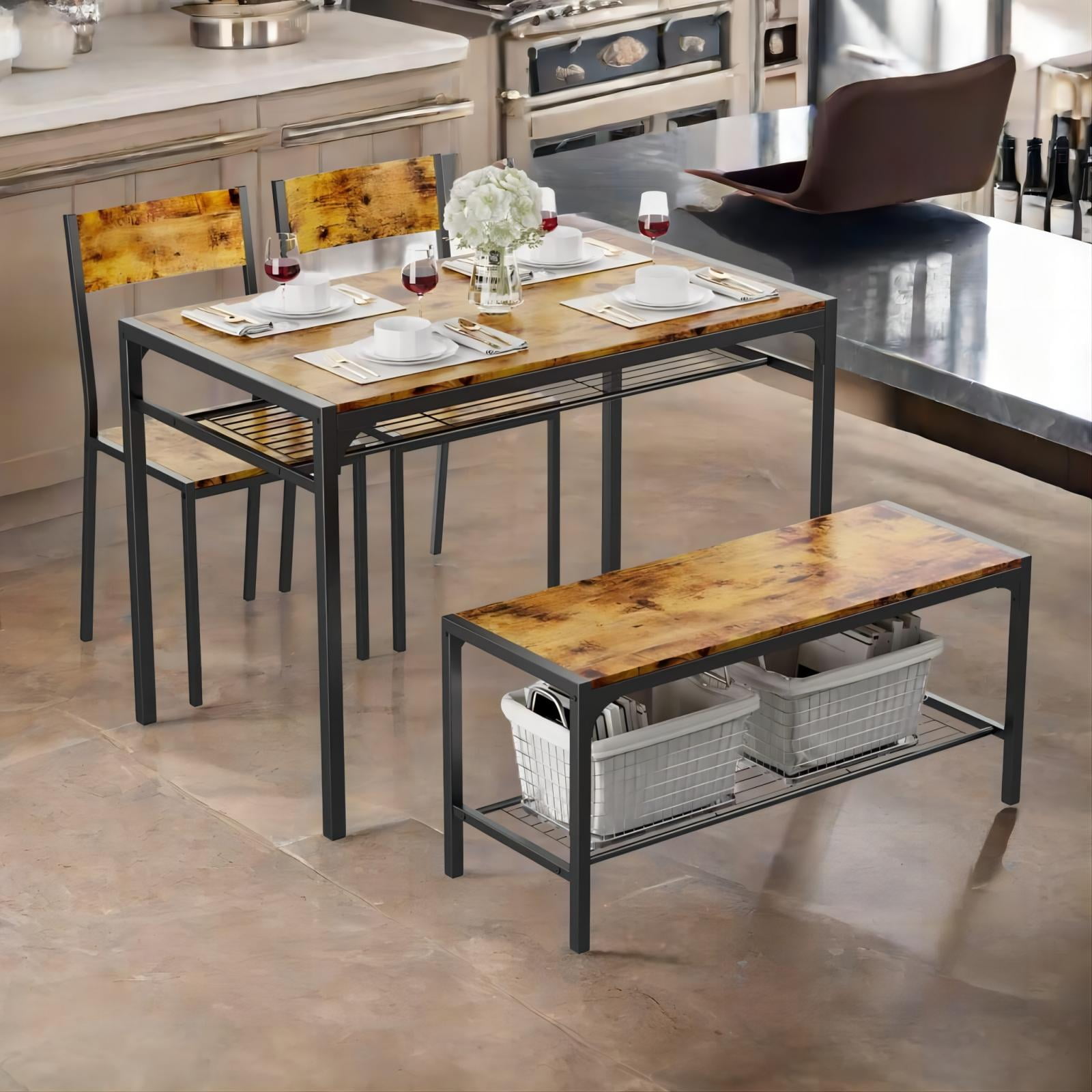 Lofka Retro Wooden Dining Table Set for 4 with Storage Bench Rack for Dining Room & Kitchen